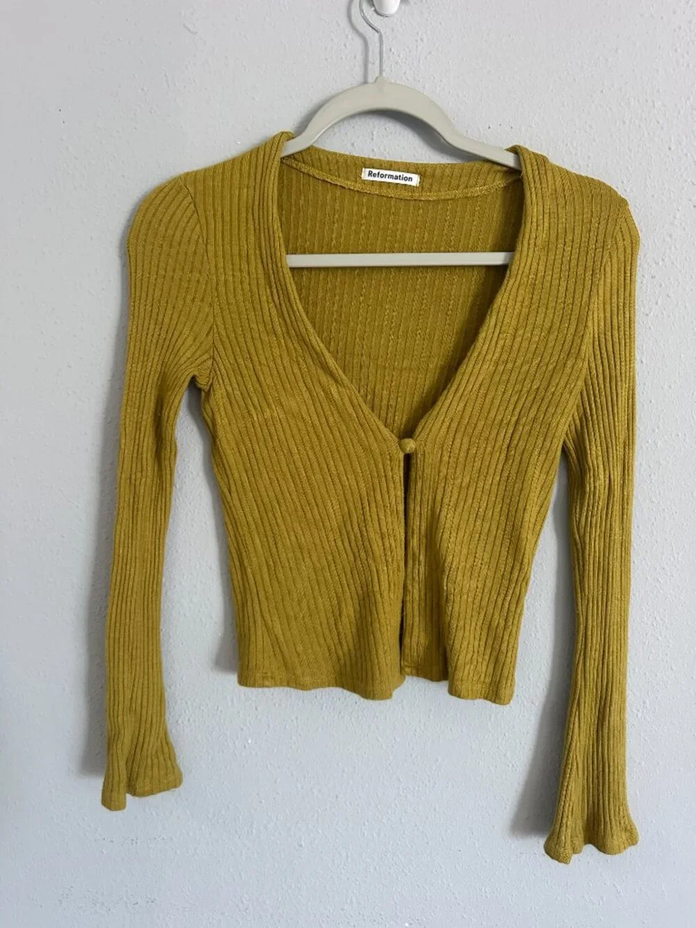 Reformation Ribbed Cropped Cardigan Top S Mustard Yellow Modal Knit Long Sleeve